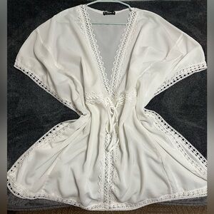 White Lace Trim Kimono Cover-Up